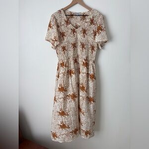 Polagram Cream and Brown Floral Midi Dress Size XL